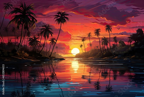 Egzotyczna plaża z palmami o zachodzie słońca. 