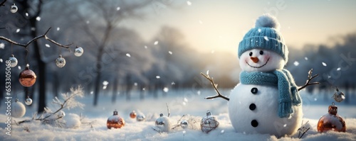 Snowman with a Hat, Scarf, and Twig Arms in a Winter Landscape © Blue_Utilities