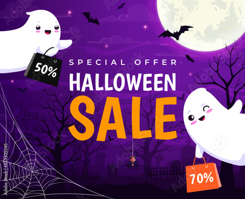 Halloween sale banner with flying cute kawaii ghosts. Vector ads background for seasonal autumn discount special offer with cartoon lovely spooks at night cemetery with gravestone silhouettes and moon