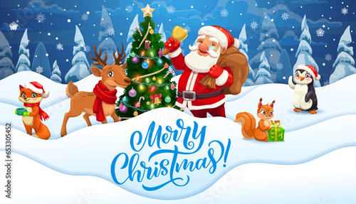 Cartoon paper cut snow waves, funny animals and Santa with bell. Xmas celebration papercut vector background. Winter holiday banner with Christmas tree, deer, fox, penguin and squirrel cute personages
