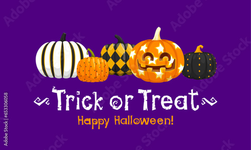 Halloween cartoon pumpkins with ornament. Vector trick or treat holiday horror night jack o lantern and pumpkin vegetables, decorated with carved happy face, black, orange and white geometric pattern