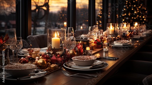 Modern Festive Christmas Dinner  Lavishly Decorated Table for Family Celebration on Christmas Eve in 8K created with generative ai technology