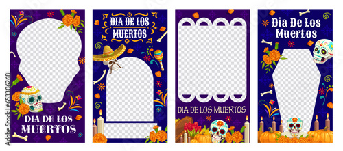Mexican Day of the Dead Dia De Los Muertos holiday social media banners templates. Vector calavera sugar skulls, marigold flowers, sombrero and maracas, candles, bones, floral pattern web post layouts