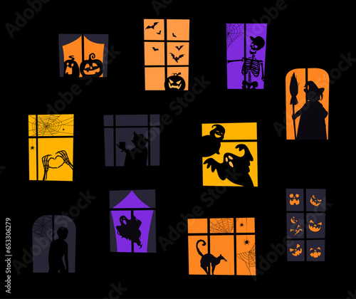 Halloween window with scary, creepy and spooky silhouettes. Vector haunted house facade with pumpkin faces, witch, bats and skeleton, vampire with cup, skeletal hands showing heart, ghosts, black cat