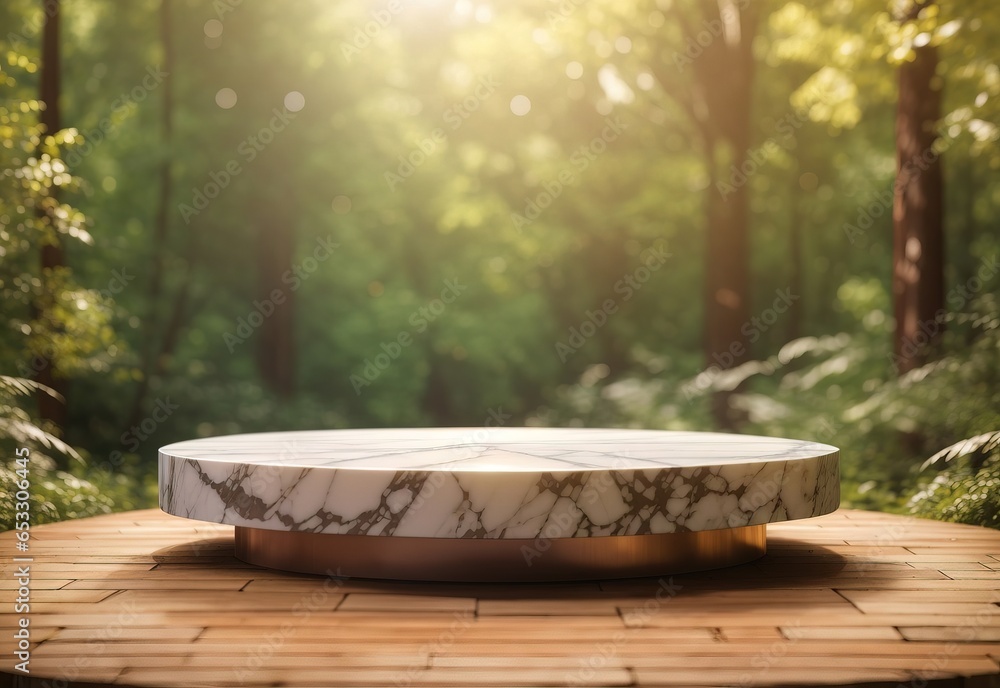 Empty circular marble podium in middle of bokeh forest background