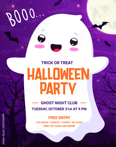 Halloween party flyer with big cute kawaii ghost on midnight cemetery with moon and bat silhouettes. Vector invitation poster for horror night trick or treat entertainment with free entry and music