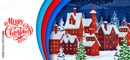 Christmas paper cut banner, winter holiday town houses in snow, vector background. Merry Christmas holiday greeting card with village town at night, Xmas trees and snowflakes in paper cut layers