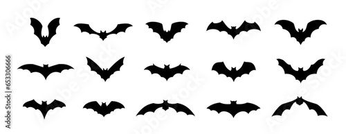 Halloween bats silhouettes set. Isolated vector winged vampire animal black shapes on white background. Creepy and spooky fauna creatures group  monochrome icons  simple signs or pictograms