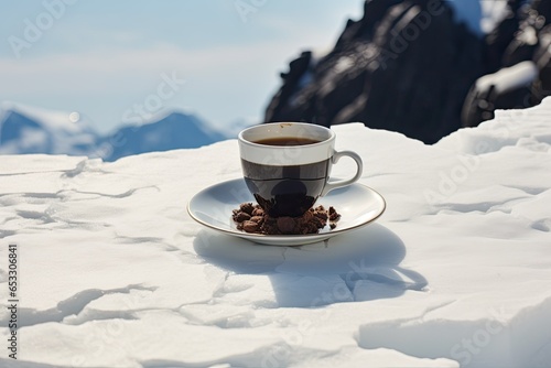 a cup of black coffee with white plate isolated on ice mountain