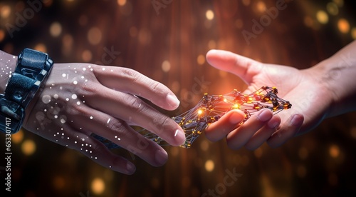 close-up of AI robot hand  AI robot hand on technology background  bionic robots hand close up  half human half robotic hand