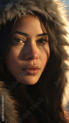 Portrait of Stunning Young Inuit Woman with Black Hair Captured in Golden Hour and Natural Light  High-Quality Beauty Photography