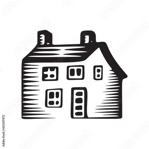 Quirky rural cabin holiday home vector illustration. Block print real estate graphic for scandi winter scene doodle, whimsy minimal stylized domestic house.