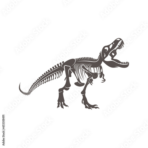 T rex dinosaur skeleton negative space silhouette illustration. Prehistoric creature bones. Dangerous ancient predator. Tyrannosaurus fossil design element