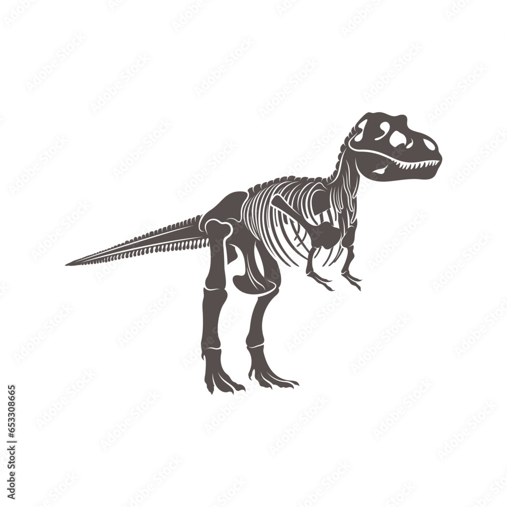 T rex dinosaur skeleton negative space silhouette illustration. Prehistoric creature bones. Dangerous ancient predator. Tyrannosaurus fossil design element