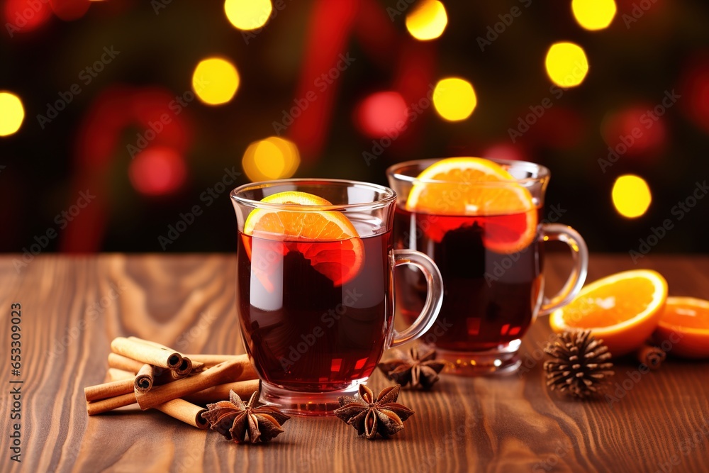 Christmas mulled red wine with spices and oranges on a wooden rustic table. Traditional hot drink at Christmas
