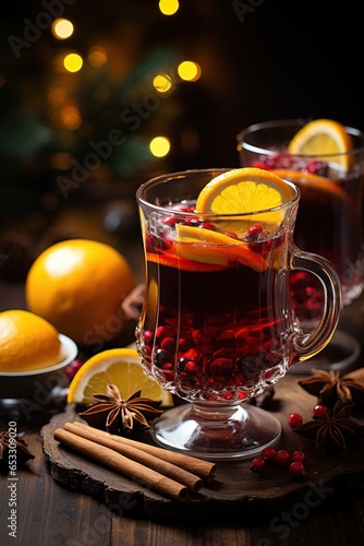 Christmas mulled red wine with spices and oranges on a wooden rustic table. Traditional hot drink at Christmas