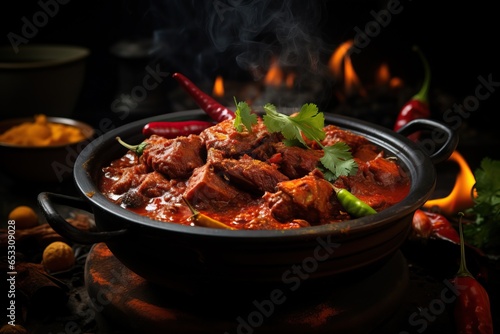 A close-up shot of a steaming bowl of Vindaloo, highlighting the vibrant red color of the sauce, the aromatic spices, and the tender meat