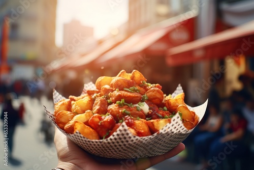 A bustling street scene with Patatas Bravas in a paper cone, sprinkled with sea salt and drizzled with zesty sauces, capturing the energy and excitement of street food photo