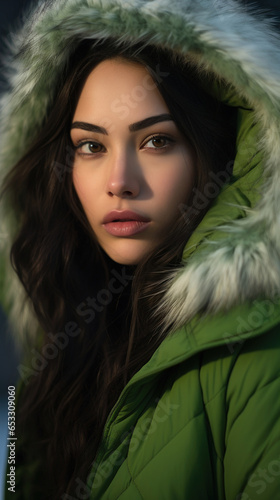 Portrait of Stunning Young Inuit Woman with Black Hair Captured in Golden Hour and Natural Light, High-Quality Beauty Photography