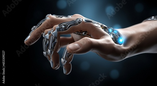 close-up of AI robot hand, AI robot hand on technology background, bionic robots hand close up, half human half robotic hand photo