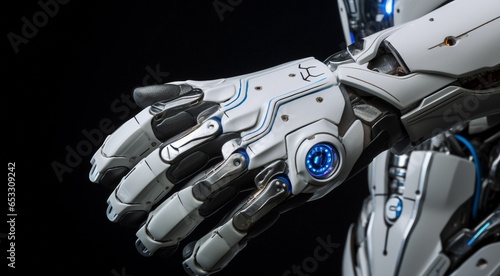 close-up of AI robot hand, AI robot hand on technology background, bionic robots hand close up, half human half robotic hand