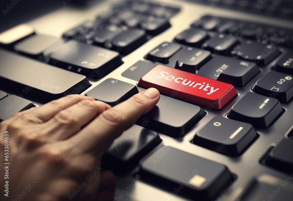 Finger pressing security button on keyboard Finger pressing security button on keyboard