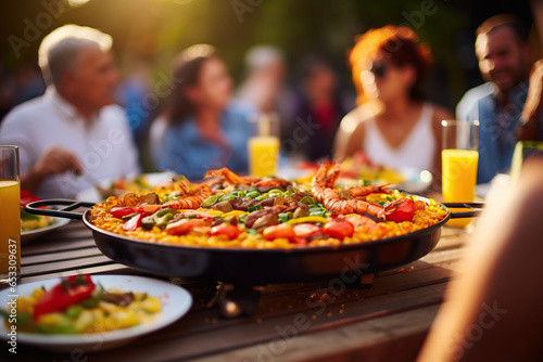 A lively gathering with a large paella pan at the center, surrounded by friends and family eagerly awaiting their share of the mouthwatering rice dish, showcasing the joy of communal dining