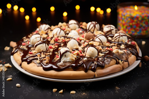 sweet pizza with chocolate and marshmallows on the background of festive lights