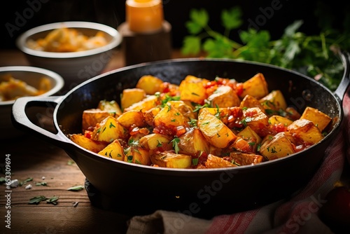 Patatas Bravas: A rustic platter of golden fried potatoes served in a cast-iron skillet, drizzled with tangy bravas sauce, and sprinkled with paprika, creating a warm and inviting ambiance