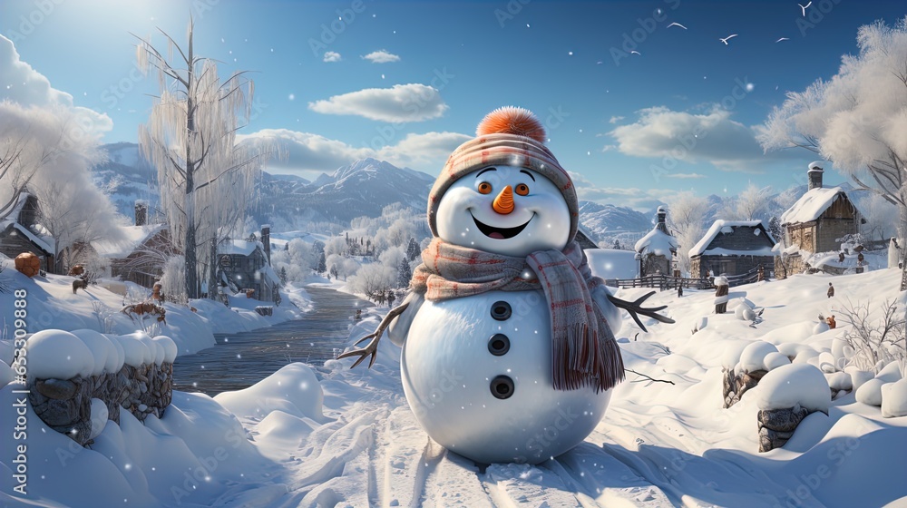 Obraz premium Cute Snowman in a Modern Christmas Scenery: Snowflakes and Pristine Landscapes Wallpaper in 8K created with generative ai technology