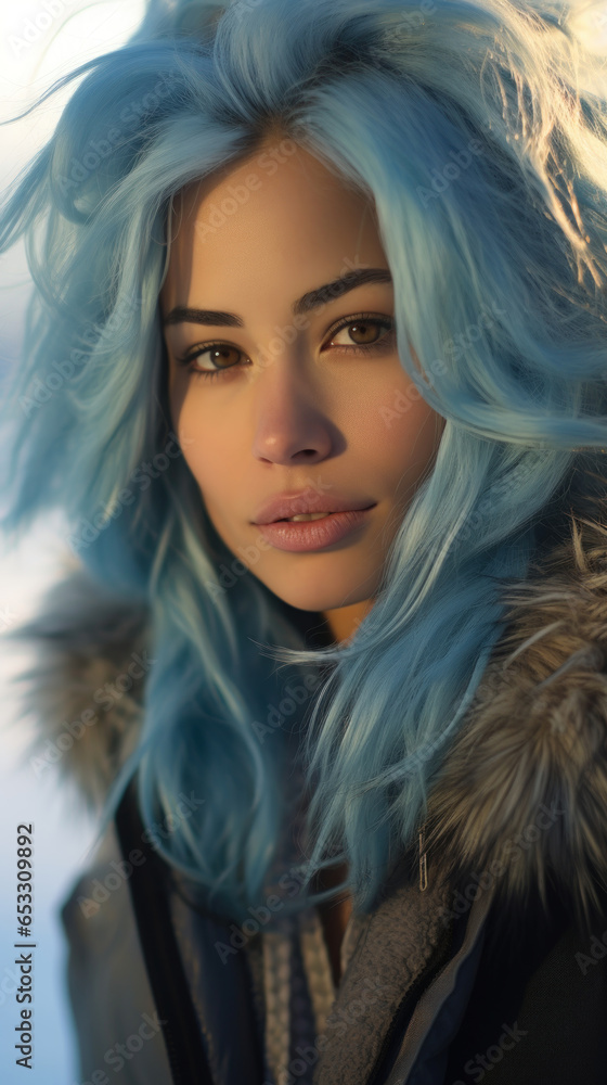 Portrait of Stunning Young Inuit Woman with Blue Hair Captured in Golden Hour and Natural Light, High-Quality Beauty Photography Portrait of Stunning Young Inuit Woman with Blue Hair Captured in Golden Hour and Natural Light, High-Quality Beauty Photography
