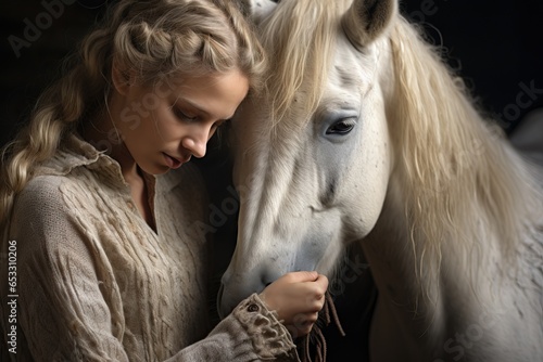 blonde girl hugs her horse