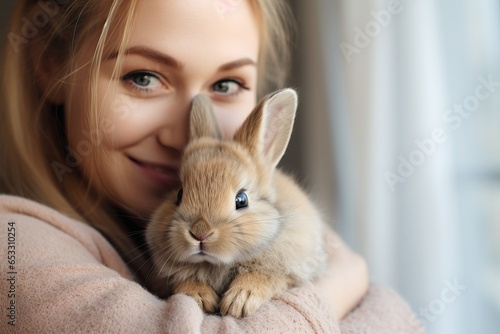 a girl hugs her pet rabbit © artem