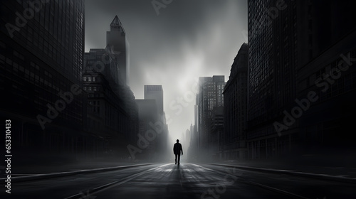 This image captures the essence of urban exploration, with a lone figure confidently walking down a straight, modern city street. Tall skyscrapers rise on either side.