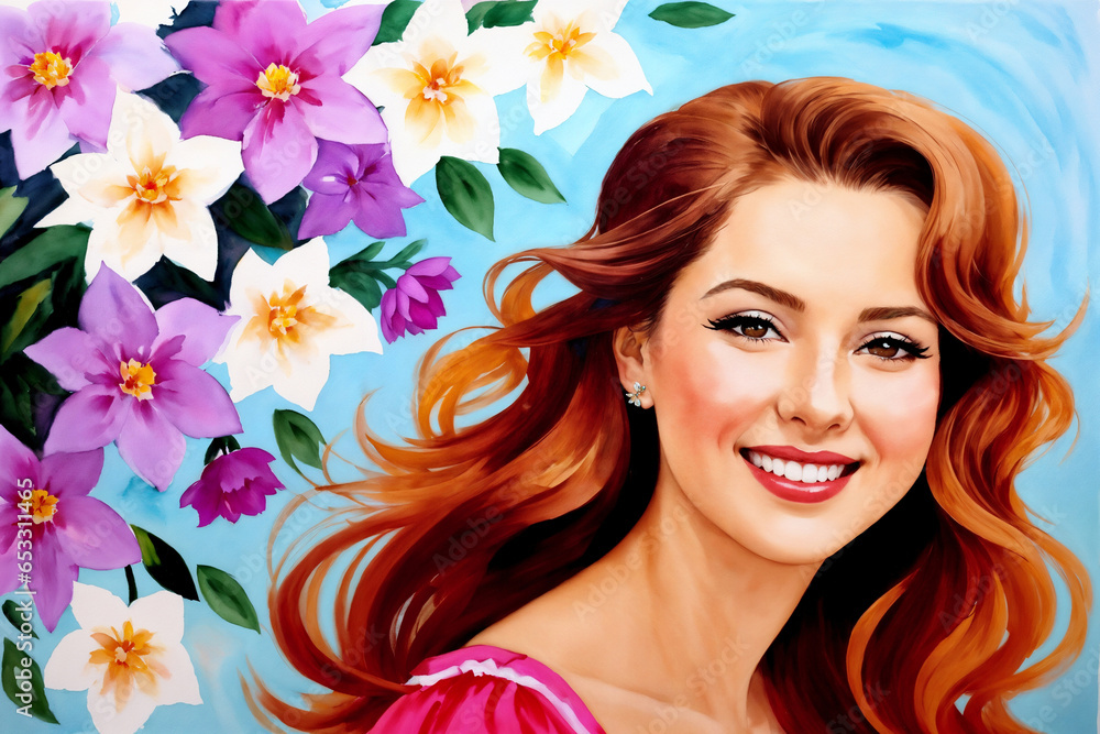 portrait of a beautiful girl posing on an abstract background decorated with flowers portrait of a beautiful girl posing on an abstract background decorated with flowers