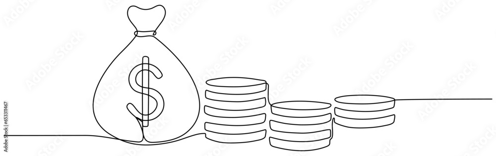 Money bag with coins stack continuous one line drawing. Business concept. Vector illustration isolated on white. Money bag with coins stack continuous one line drawing. Business concept. Vector illustration isolated on white.