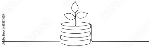 Coins stack with leaves branch continuous one line drawing. Business investing concept. Vector illustration isolated on white.