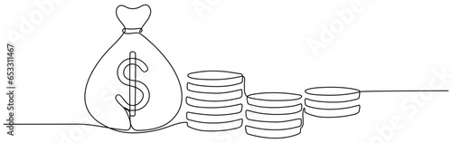 Money bag with coins stack continuous one line drawing. Business concept. Vector illustration isolated on white.