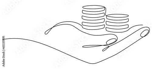 Hand holding coins stack continuous one line drawing. Business concept. Vector illustration isolated on white.