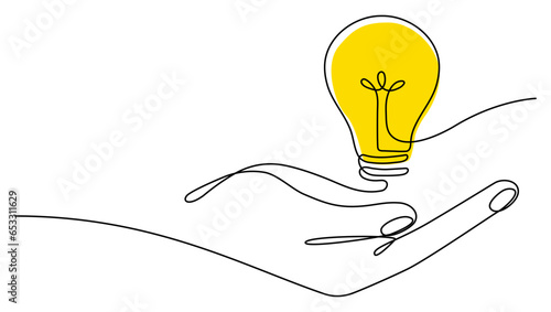 Lighting lightbulb on hand one continuous line drawing. Electric yellow lamp. Brainstorm linear symbol. Vector isolated on white.
