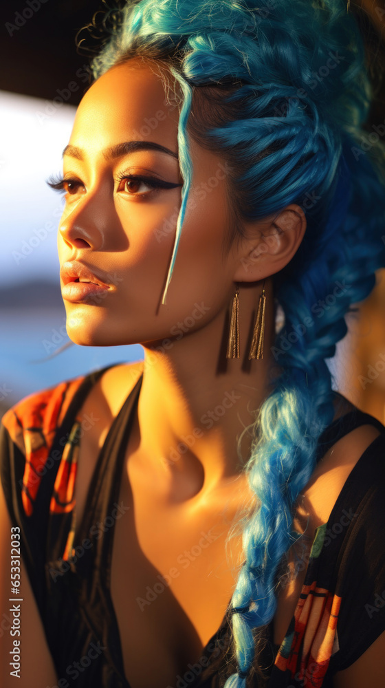 Portrait of Stunning Young Asian Woman with Blue Hair Captured in Golden Hour and Natural Light, High-Quality Beauty Photography Portrait of Stunning Young Asian Woman with Blue Hair Captured in Golden Hour and Natural Light, High-Quality Beauty Photography