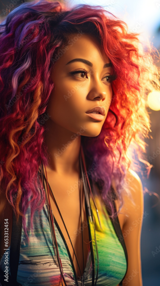 Portrait of Stunning Young Hawaiian Woman with Pink Hair Captured in Golden Hour and Natural Light, High-Quality Beauty Photography Portrait of Stunning Young Hawaiian Woman with Pink Hair Captured in Golden Hour and Natural Light, High-Quality Beauty Photography