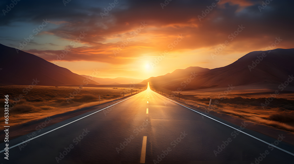 Journey down an endless highway that stretches straight forward into the horizon. The open road symbolizes limitless possibilities and the pursuit of one's dreams. With the sun in the background.