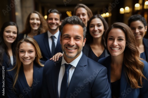 Team of coworkers, man and womens , colombian, dressed in a suit of dark blue. Generative AI.