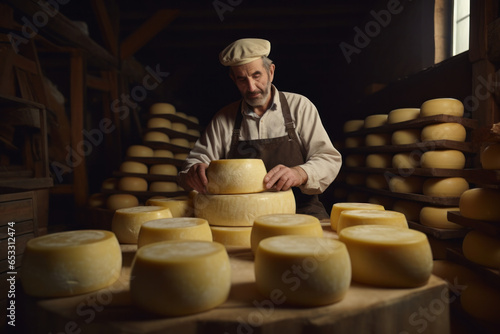 Crafting Perfection: A Farmer Inspects the Ripening Process of His Homemade Cheese in the Basement, Celebrating the Art of Natural Cheese Production.