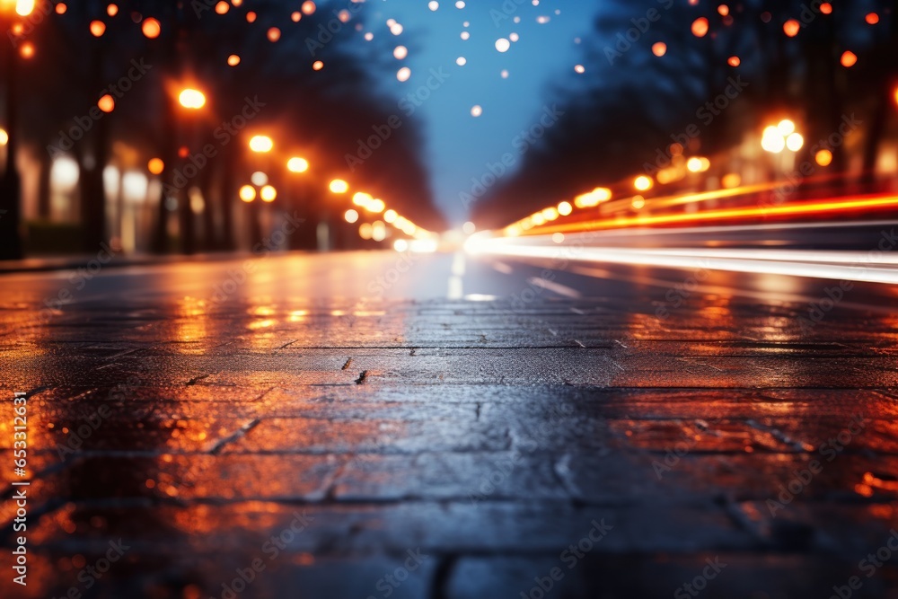 Street scene with blurry traffic, glowing car light dots, minimalist abstracts. Generative AI.