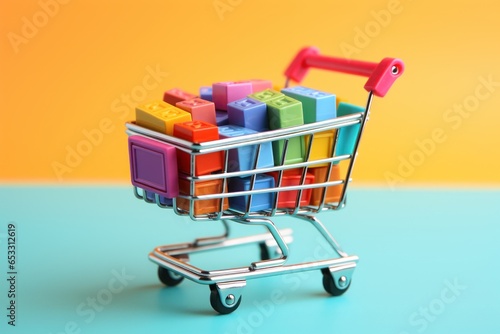 Shopping cart with box inside, bright light colors, colorful background, HD. Generative AI.
