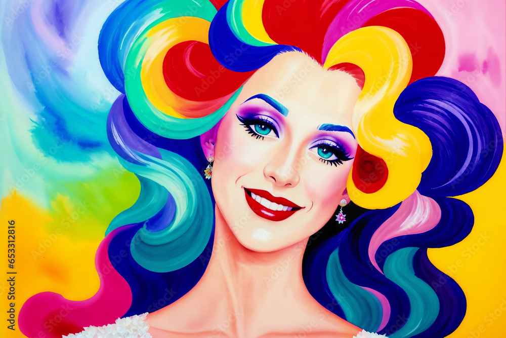 portrait of a beautiful girl with rainbow color hairstyle posing on an abstract painted colored background