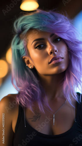 Portrait of Stunning Young Woman with Purple Hair Captured in Golden Hour and Natural Light, High-Quality Beauty Photography