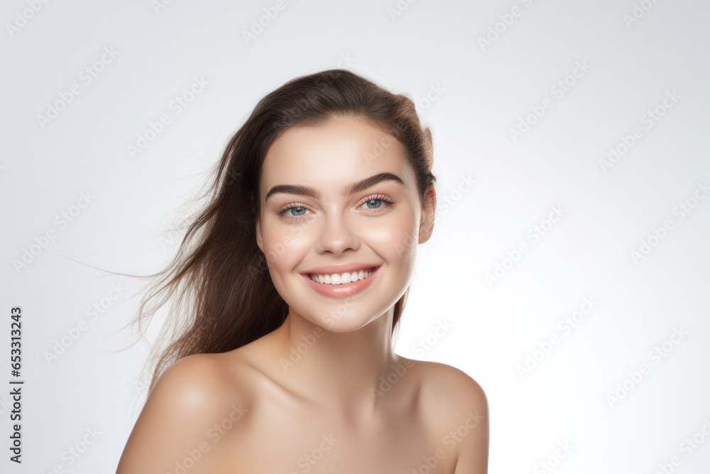 Radiant Beauty: Studio Portrait of a Smiling Young Adult Woman, Embodying Attractive and Healthy Skincare. Beauty Concept with a Friend on a White Background. Radiant Beauty: Studio Portrait of a Smiling Young Adult Woman, Embodying Attractive and Healthy Skincare. Beauty Concept with a Friend on a White Background.